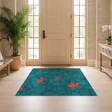 ODIKA Tropical Teal Botanical Washable Area Rug - Low Pile & Non-Slip Floral Decor