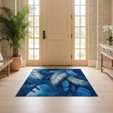 ODIKA Washable Blue Tropical Leaf Area Rug - Low Pile Non-Slip Modern Botanical Rug