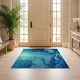 ODIKA Washable Blue Coral Reef Area Rug - Low Pile Non-Slip Coastal Art Carpet