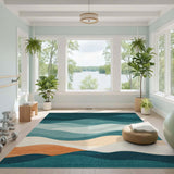 ODIKA Washable Abstract Coastal Wavy Area Rug - Modern Teal & Terracotta Low Pile Non-Slip Rug