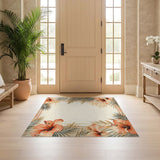 ODIKA Tropical Hibiscus Washable Area Rug - Vintage Floral Low Pile Non-Slip Rug
