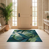 ODIKA Tropical Botanical Leaf Washable Area Rug - Teal & Green Non-Slip Low Pile Rug