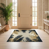 ODIKA Washable Low Pile Tropical Palm Leaf Rug - Vintage Navy & Gold