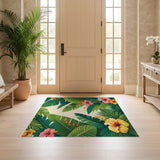 Washable Tropical Hibiscus Floral Low Pile Area Rug