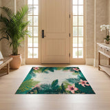 ODIKA Vintage Tropical Hibiscus Washable Rug - Low Pile Non-Slip Floral Area Rug