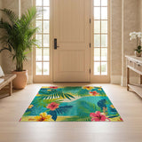 ODIKA Washable Tropical Palm & Hibiscus Floral Low Pile Area Rug