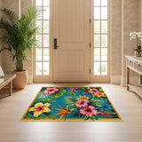 ODIKA Tropical Hibiscus Washable Rug - Vibrant Floral Low Pile Area Rug