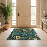 ODIKA Washable Teal and Gold Floral Area Rug - Vintage Low Pile Non-Slip Carpet