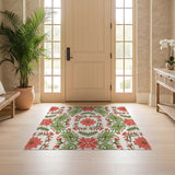 ODIKA Washable Art Nouveau Floral Area Rug - Vintage Red & Sage Green Low Pile Non-Slip Carpet