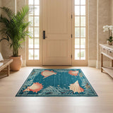 ODIKA Washable Coastal Seashell Area Rug - Teal Blue Non-Slip Low Pile Rug