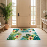 ODIKA Tropical Floral Washable Rug - Low Pile Non-Slip Botanical Palm Leaf Carpet, Pet & Kid Friendly