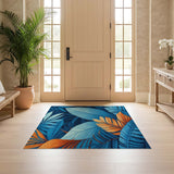 ODIKA Washable Tropical Leaf Area Rug - Non-Slip Low Pile Botanical Blue & Orange Rug