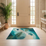 ODIKA Washable Sea Turtle & Palm Leaf Teal Coastal Area Rug - Non-Slip Low Pile