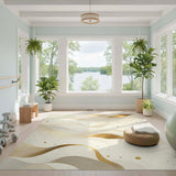 ODIKA Modern Abstract Gold Wave Washable Rug - Low Pile Non-Slip Area Rug