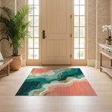 ODIKA Abstract Teal & Coral Washable Area Rug - Low Pile Non-Slip & Pet Friendly