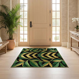 ODIKA Art Deco Emerald Green & Gold Washable Area Rug - Low Pile Non-Slip