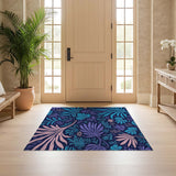 ODIKA Washable Tropical Botanical Midnight Blue Area Rug - Low Pile Non-Slip Rug for Living Room & Bedroom