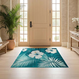 ODIKA Tropical Teal Hibiscus Washable Rug - Low Pile Non-Slip Coastal Area Rug