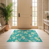 ODIKA Teal Botanical Floral Washable Area Rug - Low Pile Non-Slip