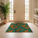 ODIKA Washable Teal and Orange Botanical Art Deco Area Rug - Low Pile Non-Slip