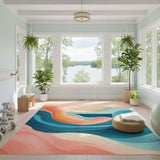 ODIKA Modern Abstract Coastal Waves Washable Rug - Low Pile Non-Slip Teal & Coral Art Decor