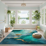 Emerald Teal Gold Fluid Abstract Area Rug