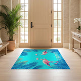 ODIKA Tropical Flamingo Washable Area Rug - Low Pile Non-Slip Teal Coastal Carpet