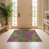ODIKA Vibrant Magenta & Lime Green Botanical Washable Area Rug - Low Pile Non-Slip Non-Shedding Carpet