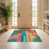 ODIKA Tropical Sunset Beach Washable Area Rug, Low Pile Non-Slip Retro Palm Leaf Indoor Rug