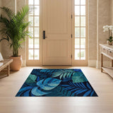 ODIKA Blue Tropical Monstera Leaf Washable Rug - Low Pile Non-Slip Area Rug