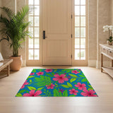 Vibrant Tropical Pink Floral Washable Area Rug - Low Pile & Non-Slip