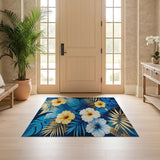 ODIKA Tropical Blue & Gold Hibiscus Washable Rug - Low Pile Non-Slip Area Rug