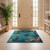 ODIKA Washable Sea Turtle Coastal Ocean Life Low Pile Non-Slip Area Rug