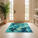 ODIKA Modern Teal Ginkgo Leaf Washable Rug - Low Pile Non-Slip Botanical Area Carpet