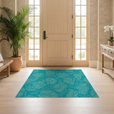 ODIKA Washable Teal Tropical Leaf Area Rug - Non-Slip & Low Pile Botanical Rug