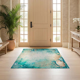 ODIKA Watercolor Ocean Life Washable Area Rug - Teal & Beige Under the Sea Low Pile Non-Slip Carpet