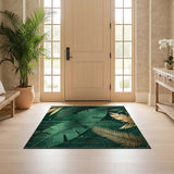 ODIKA Emerald Green and Gold Botanical Washable Rug - Art Deco Tropical Low Pile