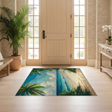 ODIKA Tropical Beach Palm Tree Washable Area Rug - Low Pile, Non-Slip & Pet Friendly