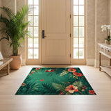 ODIKA Tropical Bird & Hibiscus Jungle Washable Area Rug - Low Pile Non-Slip