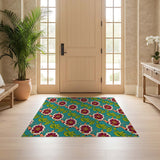 ODIKA Washable Vintage Floral Area Rug - Low Pile Teal & Burgundy Non-Slip Non-Shedding Carpet