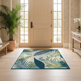 ODIKA Washable Tropical Palm Leaf Area Rug - Low Pile Non-Slip Botanical Teal Rug