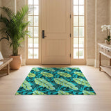 ODIKA Teal Tropical Banana Leaf Washable Rug, Low Pile Non-Slip Area Rug