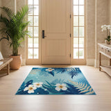 ODIKA Washable Teal Tropical Plumeria Floral Area Rug - Low Pile Non-Slip