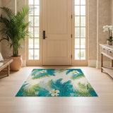 ODIKA Tropical Palm Leaf & Hibiscus Washable Low Pile Area Rug