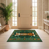 ODIKA Washable Tiger Area Rug - Green Tribal Geometric Jungle Pattern, Low Pile