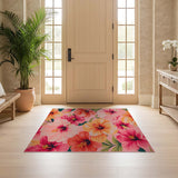 ODIKA Tropical Hibiscus Washable Area Rug - Pink & Orange Floral Low Pile