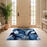 ODIKA Navy Blue Tropical Palm Leaf Washable Area Rug, Low Pile Non-Slip Botanical Rug