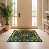 ODIKA Washable Emerald Green Floral Area Rug - Low Pile Art Nouveau Non-Slip Rug