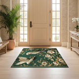 ODIKA Vintage Tropical Bird & Floral Washable Area Rug - Dark Green Low Pile Non-Slip Carpet