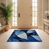 ODIKA Blue Tropical Monstera Leaf Washable Area Rug - Non-Slip Low Pile